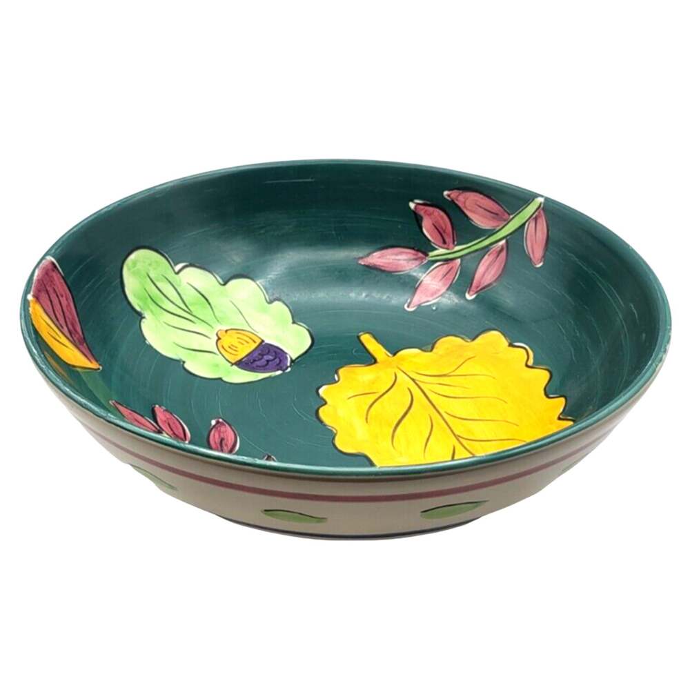 Vintage PIER 1 Handpainted Ceramic Serving Bowl Green Leaves Italy 12.5x4"
